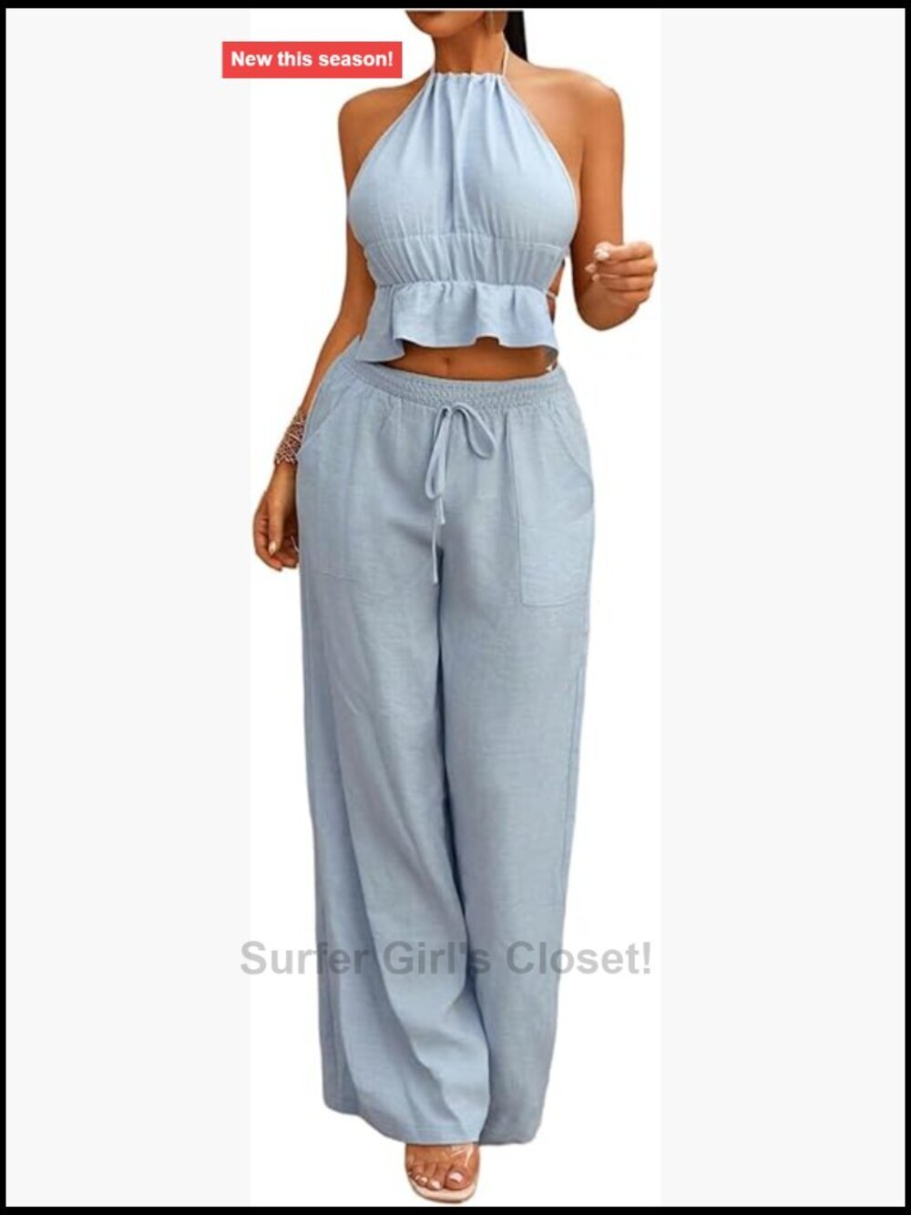 Two Piece Halter Tie Backless Peplum Top and Pants Matching Set